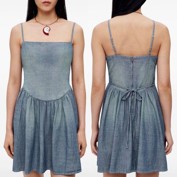 RE/DONE NWT Chambray Gathered Mini Dress Women’s Size XS Summer Casual - Picture 1 of 6